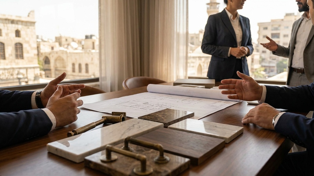 Client consultation with material samples in a Damascus Syria office