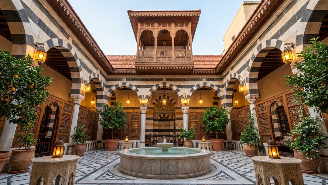 Restored traditional Damascene courtyard with ablaq stone fountain and warm lanterns in Damascus Syria