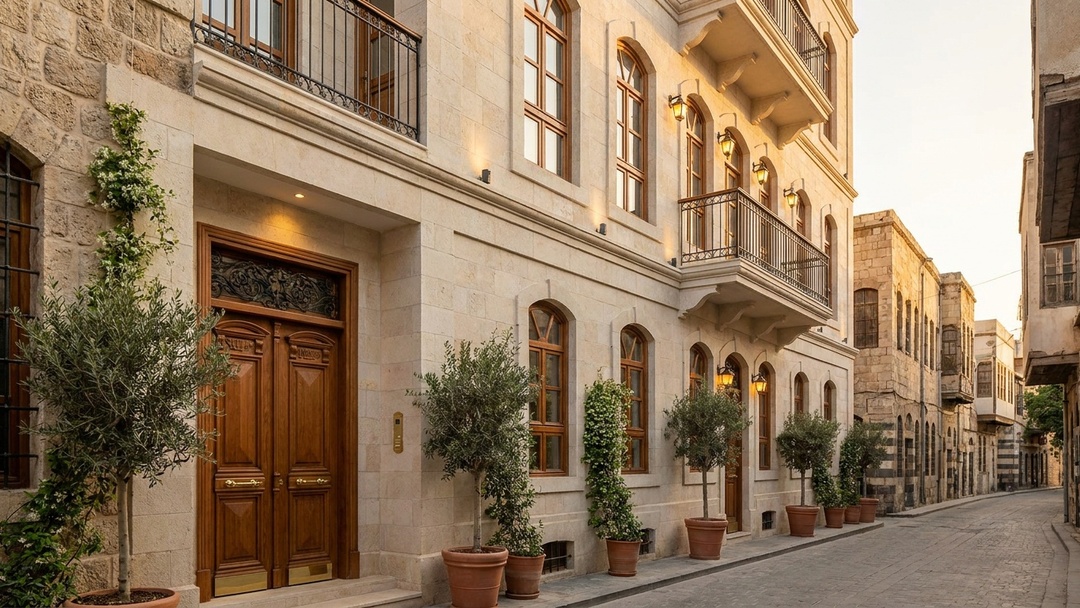 Restored stone facade with warm lighting in an old Damascus street Syria