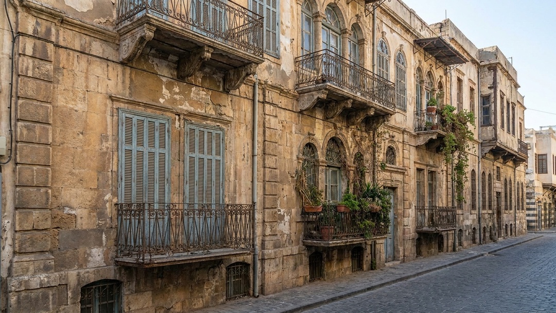 Old building facade with iron balconies before restoration in Damascus Syria