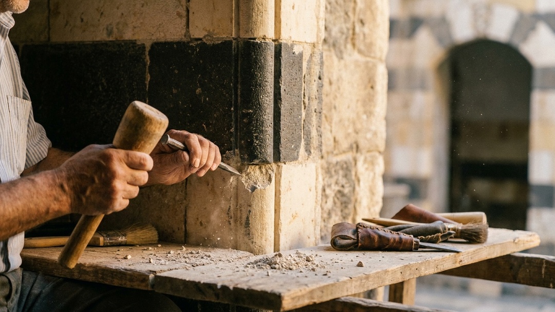 Craftsman restoring an ablaq heritage stone column in Damascus Syria