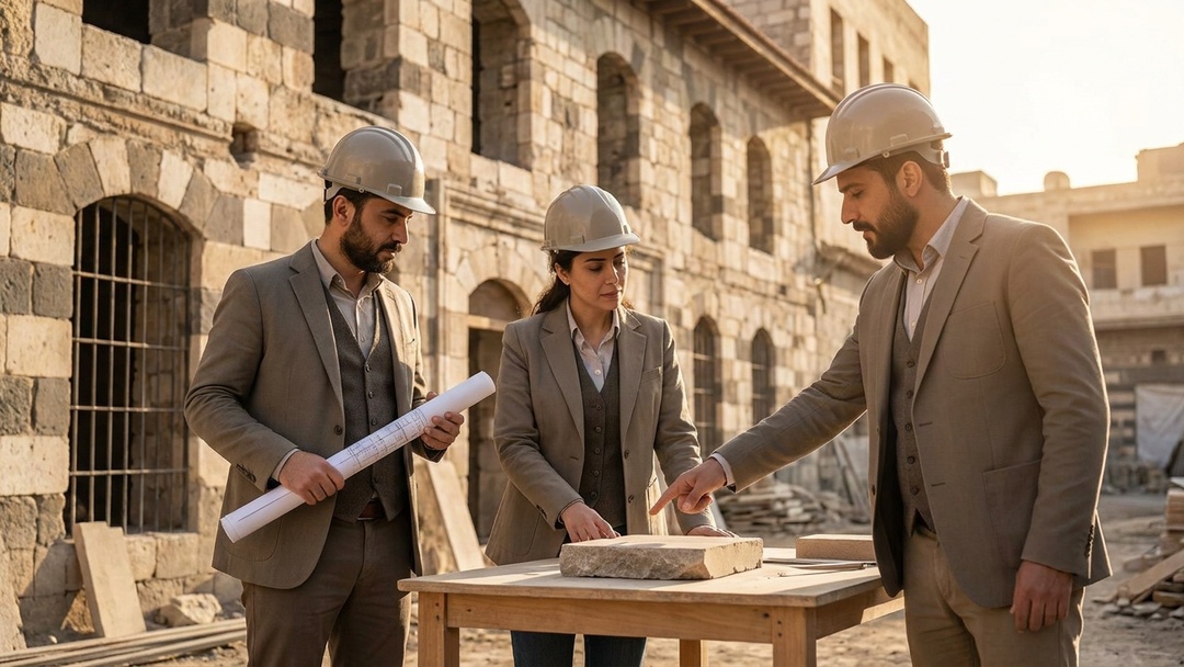 Engineering team reviewing stone samples on a restoration site in Damascus Syria